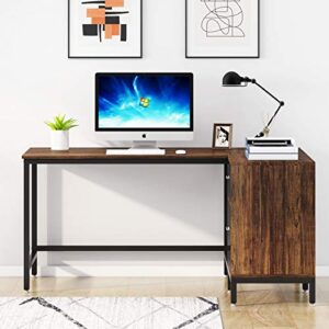 Tribesigns Reversible L Shaped Desk with File Storage Drawer, 55 Inch Industrial Wood and Metal Study Corner Desk, Office Writing Workstation with Shelves and Hanging File Cabinet for Home Office