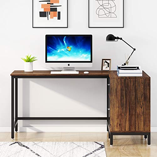 Tribesigns Reversible L Shaped Desk with File Storage Drawer, 55 Inch Industrial Wood and Metal Study Corner Desk, Office Writing Workstation with Shelves and Hanging File Cabinet for Home Office