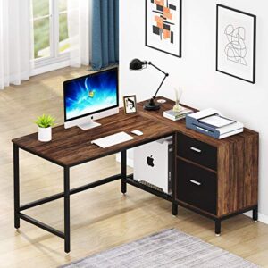 Tribesigns Reversible L Shaped Desk with File Storage Drawer, 55 Inch Industrial Wood and Metal Study Corner Desk, Office Writing Workstation with Shelves and Hanging File Cabinet for Home Office