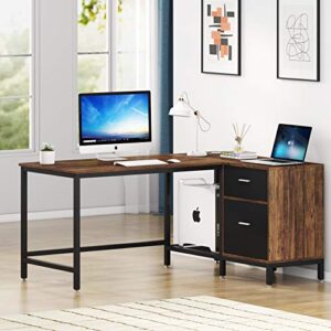 Tribesigns Reversible L Shaped Desk with File Storage Drawer, 55 Inch Industrial Wood and Metal Study Corner Desk, Office Writing Workstation with Shelves and Hanging File Cabinet for Home Office