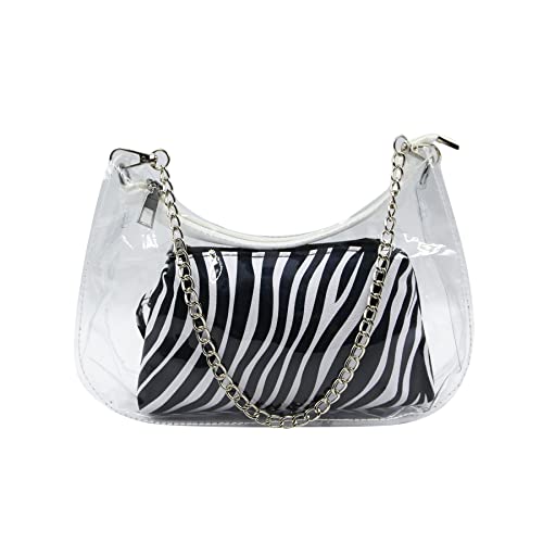 Amamcy Clear Purse Women 2 in 1 Transparent Tote Bag Snakeskin Zebra Cow Print Handbag Purse Hobo Bag with Chain Strap for Girls