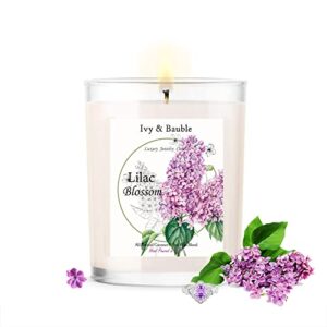 ivy & bauble luxury hand poured lilac blossom scented candle with surprise ring valued $20-$5,000 | all natural coconut & soy blend candle | made in usa | paraffin free | ring size 5