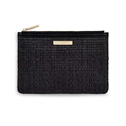 KATIE LOXTON Womens Medium Straw and Vegan Leather Pouch Clutch in Black