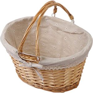 kinjoek wicker woven basket, multipurpose natural willow basket with handle premium linen cotton cloth lining for storage and decoration, natural