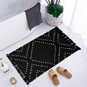 livebox boho bathroom rug 2′ x 3′ washable black rug small moroccan throw rug for bath,cotton woven area rug carpet with tassel for entryway kitchen sink front door