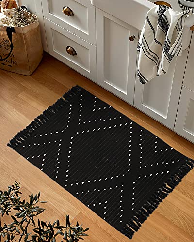 LIVEBOX Boho Bathroom Rug 2' x 3' Washable Black Rug Small Moroccan Throw Rug for Bath,Cotton Woven Area Rug Carpet with Tassel for Entryway Kitchen Sink Front Door