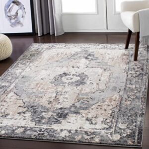 Hartshone Bohemian Farmhouse Living Room Bedroom Dining Room Area Rug - Boho Vintage Distressed - Persian Tribal Style Carpet - Dark Brown, Grey, Tan, Beige, Khaki, Charcoal, Light Black - 6'7" x 9'