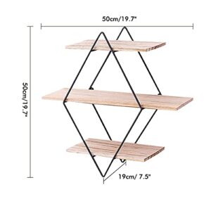 Hoofaway Wall Mounted Storage Shelf 3 Tier Rustic Wood Floating Shelves Decorative Shelf for Bedroom Living Room Bathroom Kitchen Office and More (Rhombus)