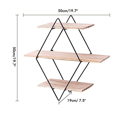 Hoofaway Wall Mounted Storage Shelf 3 Tier Rustic Wood Floating Shelves Decorative Shelf for Bedroom Living Room Bathroom Kitchen Office and More (Rhombus)