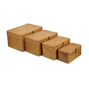 yangqihome 4 pack, wicker baskets with lids, nautral seagrass storage baskets, woven rectangular basket bins, rattan storage organizer for shelf