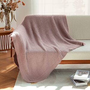amélie home soft cozy waffle knit throw blanket with ruffled fringe, decorative lightweight knitted throw blankets for couch bed sofa (misty rose, 50” x 60”)