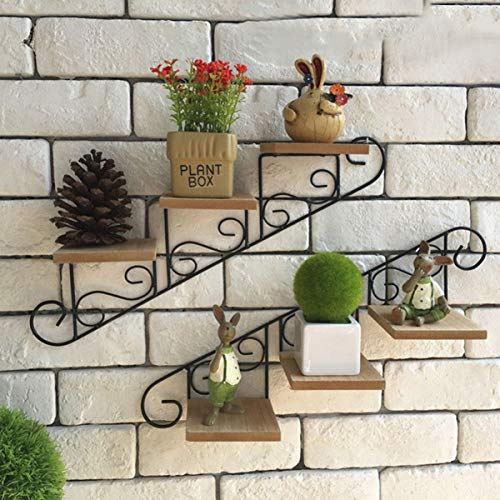 Garneck Wall Shelf Decor Metal Shelving Rack Wall Mount Wood Shelf Staircase Shape Metal Floating Shelf Storage Rack for Living Room Bedroom Kitchen Bathroom Black Hanging Wall Shelf Vintage Shelves