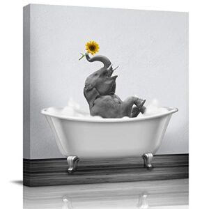 canvas wall art print bathroom wall art decor-happy elephant with sunflower in bathtub black white illustration artwork canvas prints stretched & framed ready to hang home decor wall decor (12”x12”)