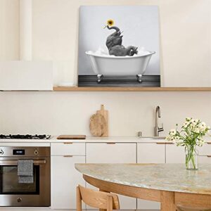 Canvas Wall Art Print Bathroom Wall Art Decor-Happy Elephant with Sunflower in Bathtub Black White Illustration Artwork Canvas Prints Stretched & Framed Ready to Hang Home Decor Wall Decor (12''x12'')