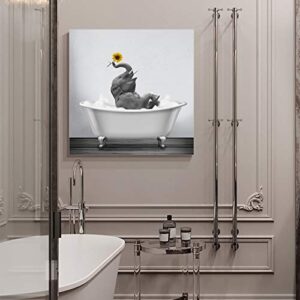 Canvas Wall Art Print Bathroom Wall Art Decor-Happy Elephant with Sunflower in Bathtub Black White Illustration Artwork Canvas Prints Stretched & Framed Ready to Hang Home Decor Wall Decor (12''x12'')