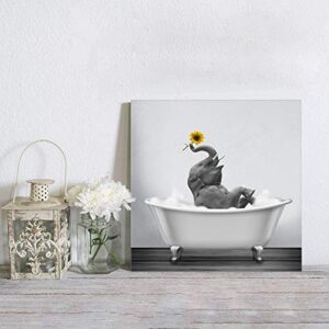 Canvas Wall Art Print Bathroom Wall Art Decor-Happy Elephant with Sunflower in Bathtub Black White Illustration Artwork Canvas Prints Stretched & Framed Ready to Hang Home Decor Wall Decor (12''x12'')