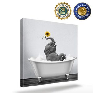 Canvas Wall Art Print Bathroom Wall Art Decor-Happy Elephant with Sunflower in Bathtub Black White Illustration Artwork Canvas Prints Stretched & Framed Ready to Hang Home Decor Wall Decor (12''x12'')