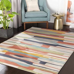 southfields modern farmhouse contemporary living room bedroom kids room multicolor area rug – colorful rainbow striped modern rug carpet – red, yellow, blue, green – 5’3″ x 7’3″