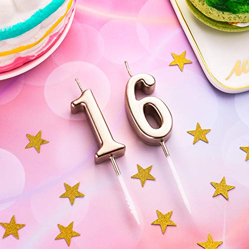 16th Birthday Candles Cake Number Candles Happy Birthday Cake Candles Topper Decoration for Birthday Wedding Anniversary Celebration Favor, Champagne Gold