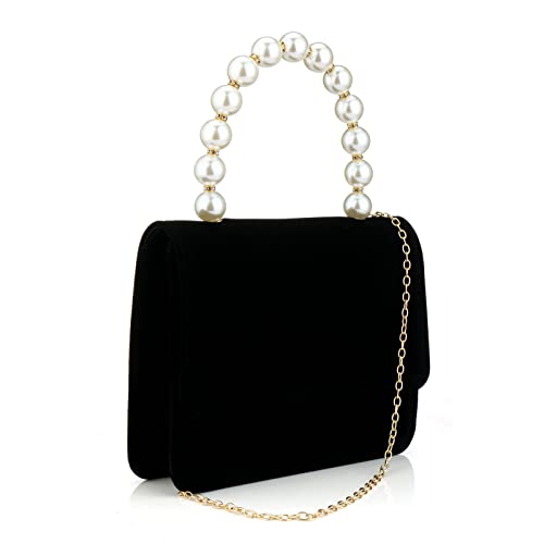 Women Velour Clutch Purses, Elegant Pearl Handbag Evening Clutch Bag for Women Wedding Cocktail Party Clutch Wallets (Black)