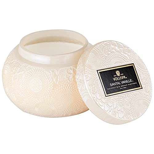 Voluspa Santal Vanille Candle | Embossed Glass Chawan Bowl | 14 Oz. | 50 Hour Burn Time | Coconut Wax and Natural Wicks for a Cleaner Burn | Vegan