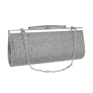 crystal rhinestone clutch purse for women, sparkling evening bag handbag with removable long chain, glitter crossbody bag for party wedding cocktail prom (silver)
