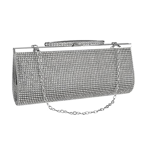 Crystal Rhinestone Clutch Purse for Women, Sparkling Evening Bag Handbag with Removable Long Chain, Glitter Crossbody Bag for Party Wedding Cocktail Prom (Silver)