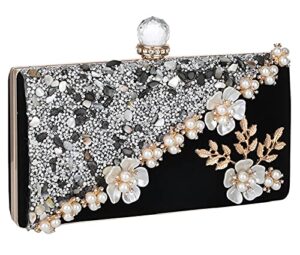 uborse black beaded pearl clutch purses for women formal evening bags rhinestone flower velvet wedding purse prom cocktail party handbags