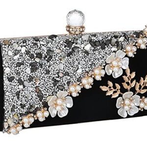 UBORSE Black Beaded Pearl Clutch Purses for Women Formal Evening Bags Rhinestone Flower Velvet Wedding Purse Prom Cocktail Party Handbags