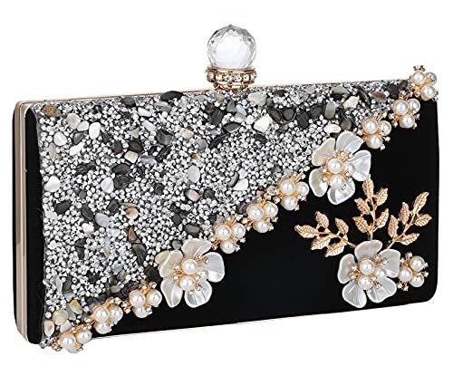 UBORSE Black Beaded Pearl Clutch Purses for Women Formal Evening Bags Rhinestone Flower Velvet Wedding Purse Prom Cocktail Party Handbags