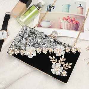 UBORSE Black Beaded Pearl Clutch Purses for Women Formal Evening Bags Rhinestone Flower Velvet Wedding Purse Prom Cocktail Party Handbags