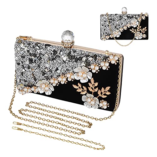 UBORSE Black Beaded Pearl Clutch Purses for Women Formal Evening Bags Rhinestone Flower Velvet Wedding Purse Prom Cocktail Party Handbags