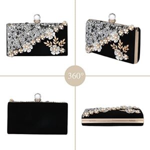 UBORSE Black Beaded Pearl Clutch Purses for Women Formal Evening Bags Rhinestone Flower Velvet Wedding Purse Prom Cocktail Party Handbags