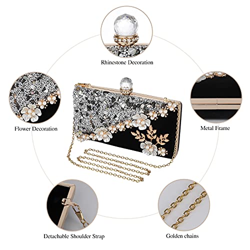 UBORSE Black Beaded Pearl Clutch Purses for Women Formal Evening Bags Rhinestone Flower Velvet Wedding Purse Prom Cocktail Party Handbags