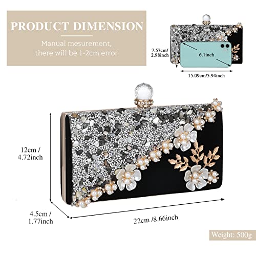 UBORSE Black Beaded Pearl Clutch Purses for Women Formal Evening Bags Rhinestone Flower Velvet Wedding Purse Prom Cocktail Party Handbags