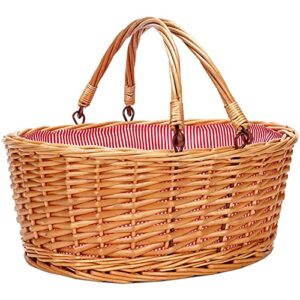 twentynext wicker picnic basket with double folding handles, natural large willow hamper empty basket cheap easter eggs candy storage wine basket for toy, flower, wedding gifts（red stripe l）
