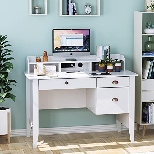 Computer Desk with 3 Storage Drawers and USB Port, Wood Frame Home Office Desk with Large Desktop Surface, Vintage Executive Desk Writing Study Table with Hutch Shelf, Oak White