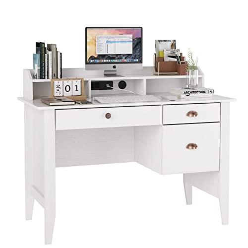 Computer Desk with 3 Storage Drawers and USB Port, Wood Frame Home Office Desk with Large Desktop Surface, Vintage Executive Desk Writing Study Table with Hutch Shelf, Oak White