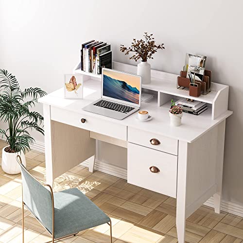 Computer Desk with 3 Storage Drawers and USB Port, Wood Frame Home Office Desk with Large Desktop Surface, Vintage Executive Desk Writing Study Table with Hutch Shelf, Oak White