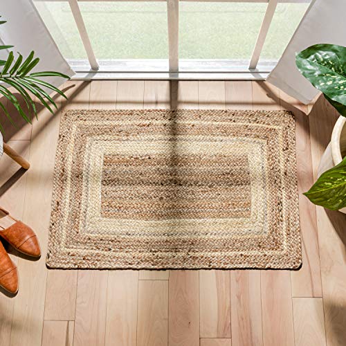 Well Woven Delphina White & Natural Color Hand-Braided Jute Border Pattern Area Rug (2' x 3')