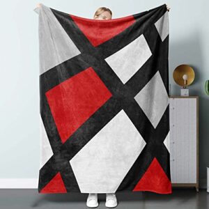 red black blanket, gray white geometric throw blanket flannel fleece fuzzy blanket for kids teens adults soft lighrweight blankets for bed couch sofa indoor outdoor, 60×50 inch