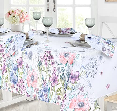 Newbridge Garden Breeze Easter Bordered Fabric Tablecloth - Sweet Pastel Spring Floral Easy Care Stain Resistant Fabric Tablecloth, 60” x 84” Oval