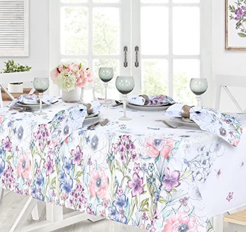 Newbridge Garden Breeze Easter Bordered Fabric Tablecloth - Sweet Pastel Spring Floral Easy Care Stain Resistant Fabric Tablecloth, 60” x 84” Oval