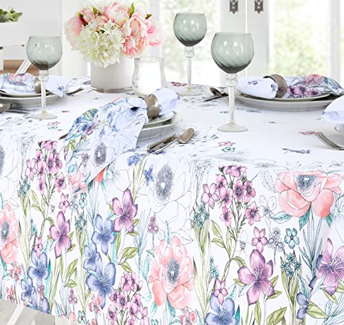 Newbridge Garden Breeze Easter Bordered Fabric Tablecloth - Sweet Pastel Spring Floral Easy Care Stain Resistant Fabric Tablecloth, 60” x 84” Oval