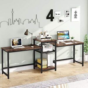 tribesigns 96.9″ double computer desk with printer shelf, extra long two person desk workstation with storage shelves, large office desk study writing table for home office, dark brown