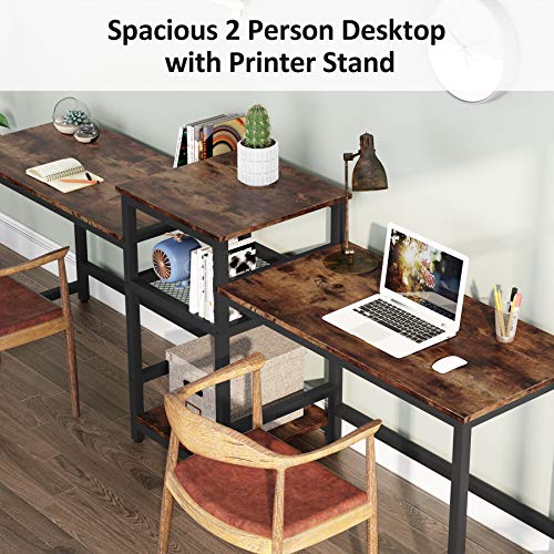 Tribesigns 96.9" Double Computer Desk with Printer Shelf, Extra Long Two Person Desk Workstation with Storage Shelves, Large Office Desk Study Writing Table for Home Office, Dark Brown