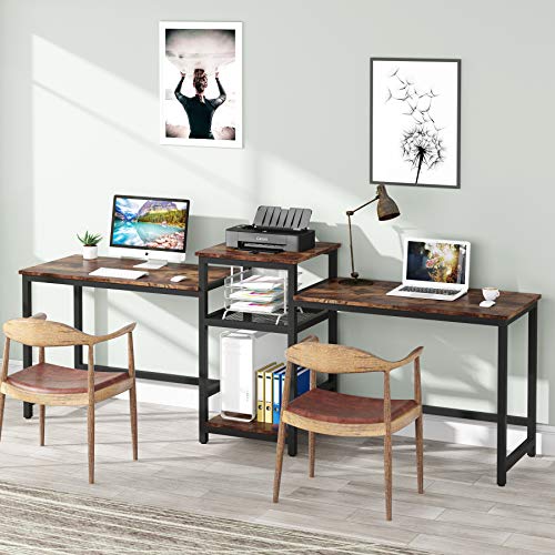Tribesigns 96.9" Double Computer Desk with Printer Shelf, Extra Long Two Person Desk Workstation with Storage Shelves, Large Office Desk Study Writing Table for Home Office, Dark Brown