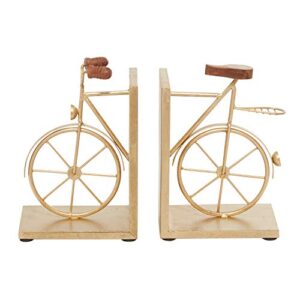 Deco 79 Metal Bike Bookends with Wood Accents, Set of 2 7"W, 9"H, Gold