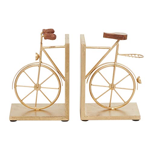 Deco 79 Metal Bike Bookends with Wood Accents, Set of 2 7"W, 9"H, Gold