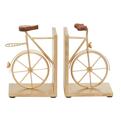 Deco 79 Metal Bike Bookends with Wood Accents, Set of 2 7"W, 9"H, Gold